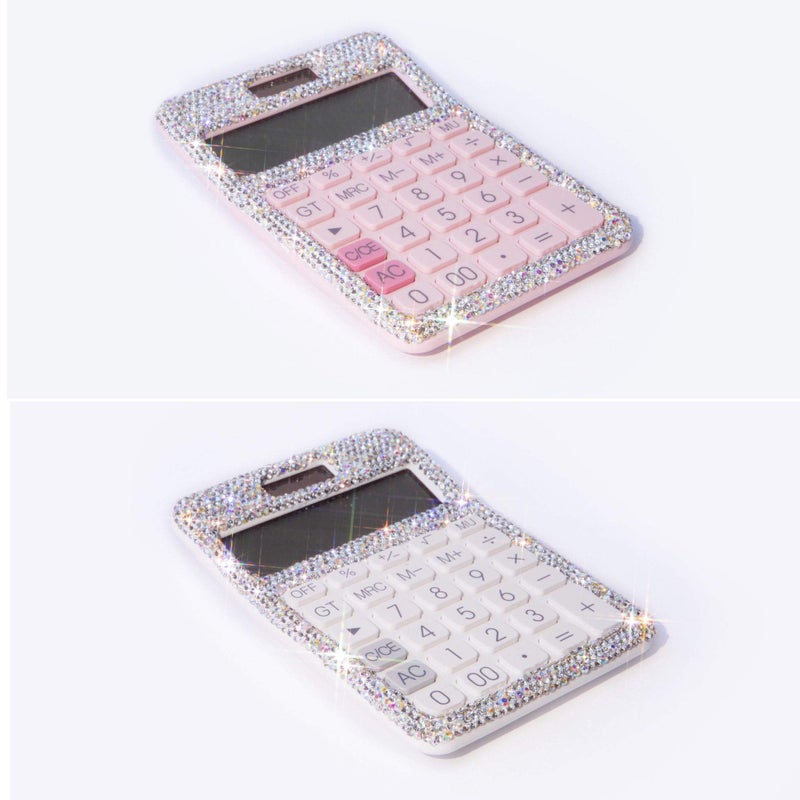 TISHAA Stylish Bling Rhinestone Crystal Dazzling 12 Digit Solar and Battery Dual Power Large LCD Display Standard Desktop Calculator for Office,Home, School (White) - Image 2